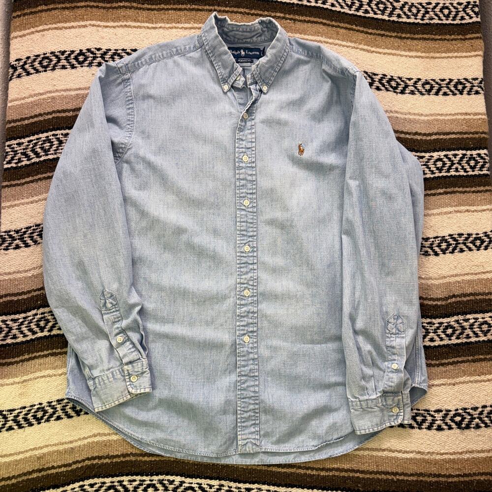 Men's Vintage Polo Ralph Lauren Light Blue Denim Button Up Long Sleeve Shirt XL